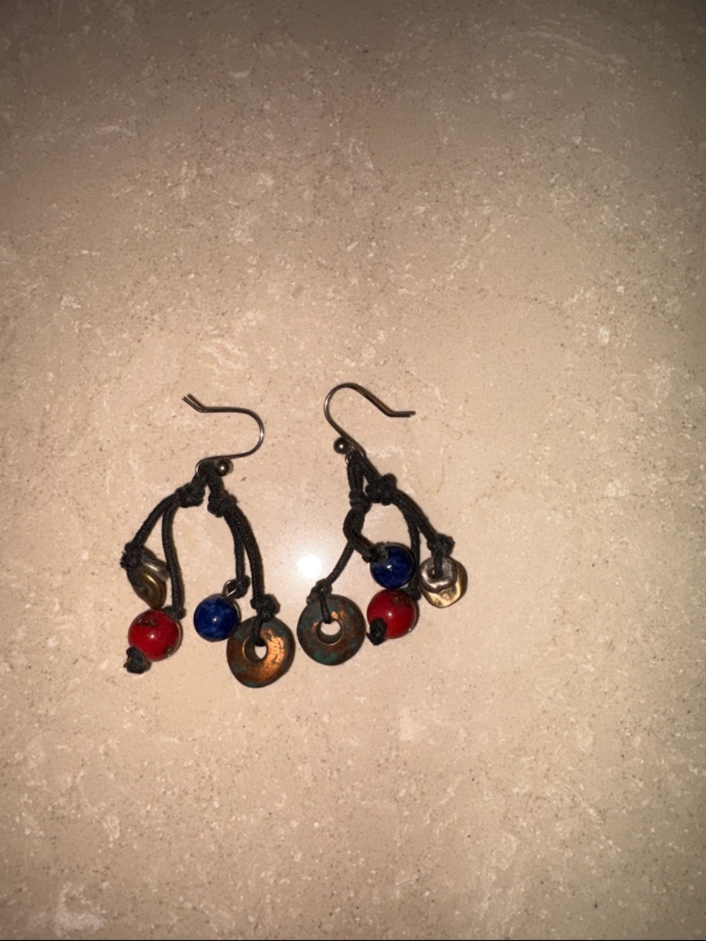 Chico's Black Cord Drop Earrings with Red & Blue Beads and Gold Discs